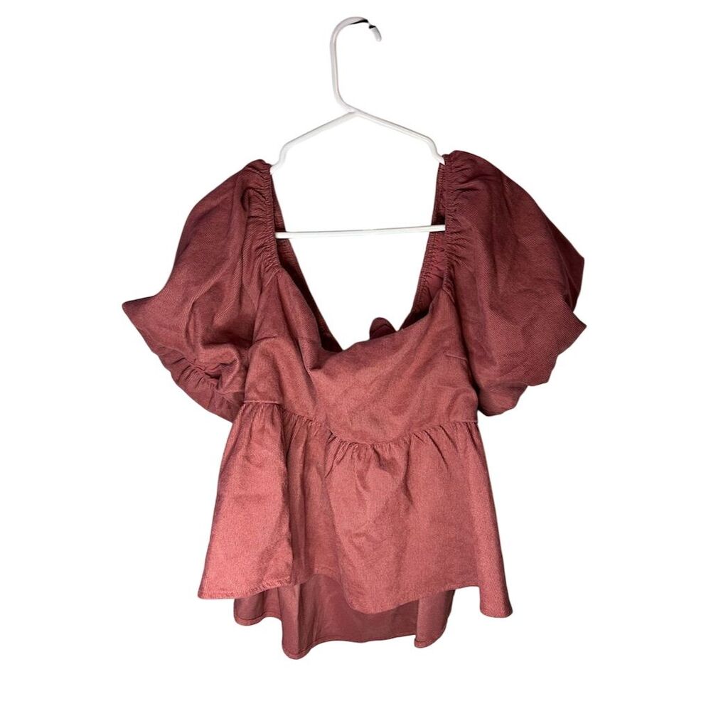 Audrey Parks Women's XL Brown Peplum Blouse with Puff Sleeves